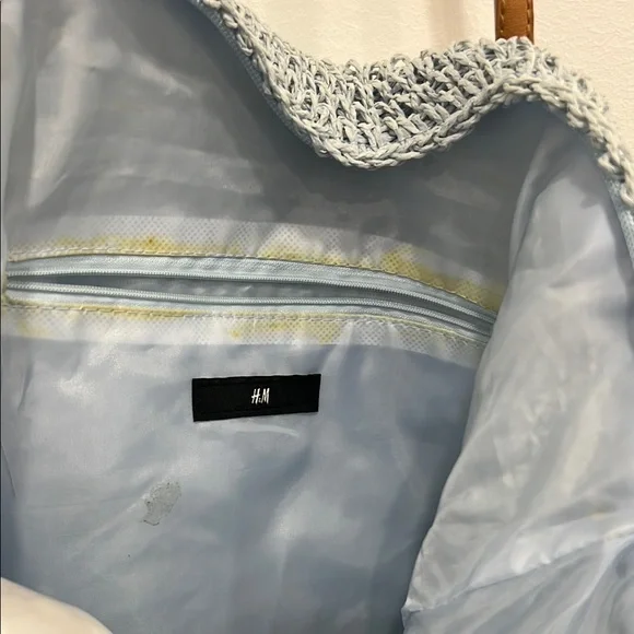 Stylish light blue raffia like Knit Tote Bag with Tan Straps - Picture 2 of 3